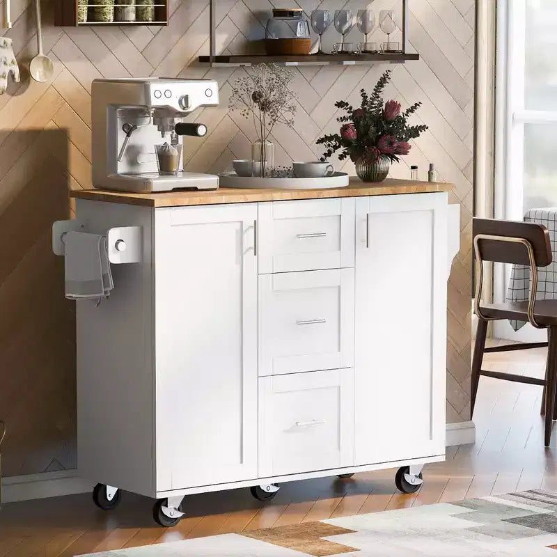 Okak Isola da Cucina con Piano in Legno di Gomma, Isola da Cucina con Ruote e 2 Ripiani Estraibili e Scaffale Interno, Carrello da Cucina con Porta Spezie
