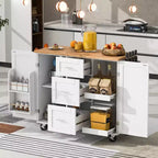 Okak Isola da Cucina con Piano in Legno di Gomma, Isola da Cucina con Ruote e 2 Ripiani Estraibili e Scaffale Interno, Carrello da Cucina con Porta Spezie