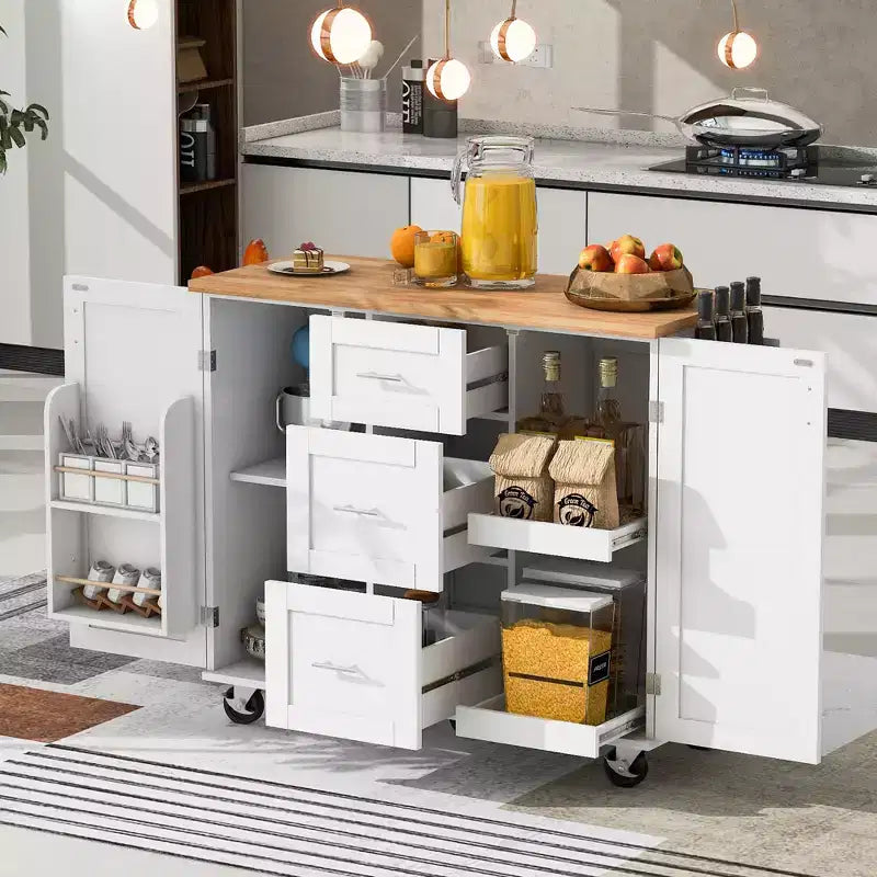 Okak Isola da Cucina con Piano in Legno di Gomma, Isola da Cucina con Ruote e 2 Ripiani Estraibili e Scaffale Interno, Carrello da Cucina con Porta Spezie