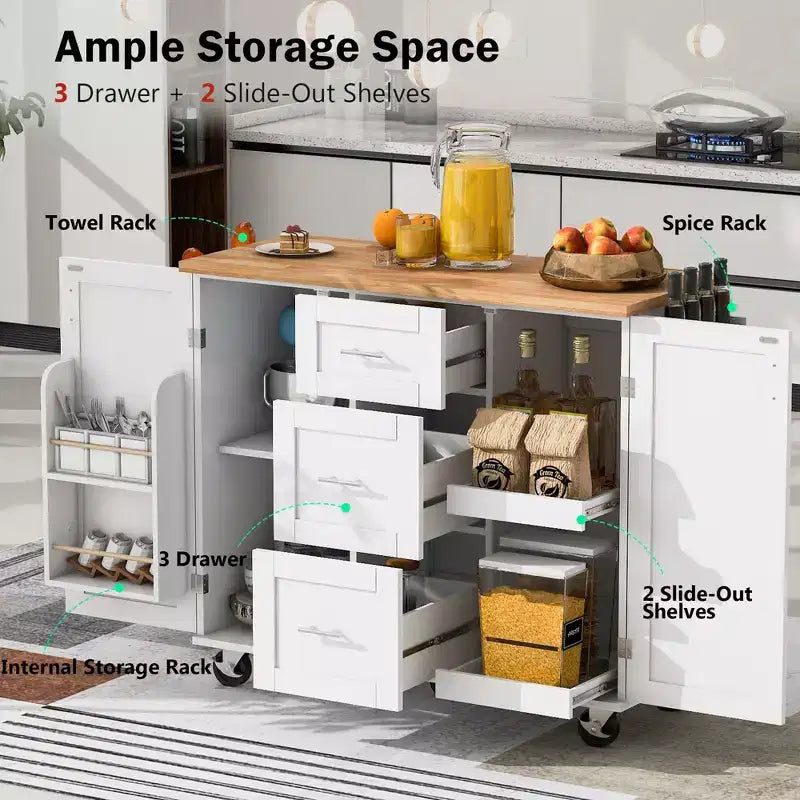 Okak Isola da Cucina con Piano in Legno di Gomma, Isola da Cucina con Ruote e 2 Ripiani Estraibili e Scaffale Interno, Carrello da Cucina con Porta Spezie