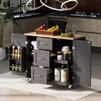 Okak Isola da Cucina con Piano in Legno di Gomma, Isola da Cucina con Ruote e 2 Ripiani Estraibili e Scaffale Interno, Carrello da Cucina con Porta Spezie