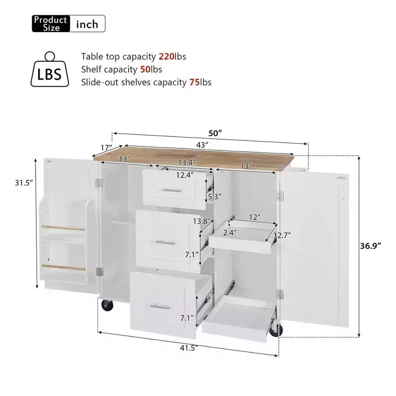 Okak Isola da Cucina con Piano in Legno di Gomma, Isola da Cucina con Ruote e 2 Ripiani Estraibili e Scaffale Interno, Carrello da Cucina con Porta Spezie
