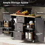 Okak Isola da Cucina con Piano in Legno di Gomma, Isola da Cucina con Ruote e 2 Ripiani Estraibili e Scaffale Interno, Carrello da Cucina con Porta Spezie
