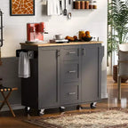 Okak Isola da Cucina con Piano in Legno di Gomma, Isola da Cucina con Ruote e 2 Ripiani Estraibili e Scaffale Interno, Carrello da Cucina con Porta Spezie