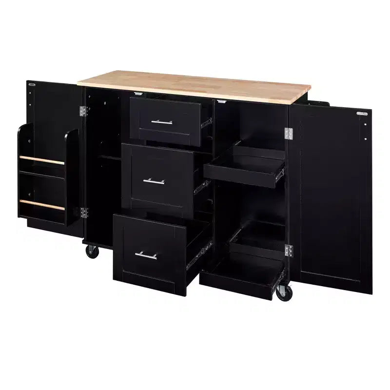 Okak Isola da Cucina con Piano in Legno di Gomma, Isola da Cucina con Ruote e 2 Ripiani Estraibili e Scaffale Interno, Carrello da Cucina con Porta Spezie