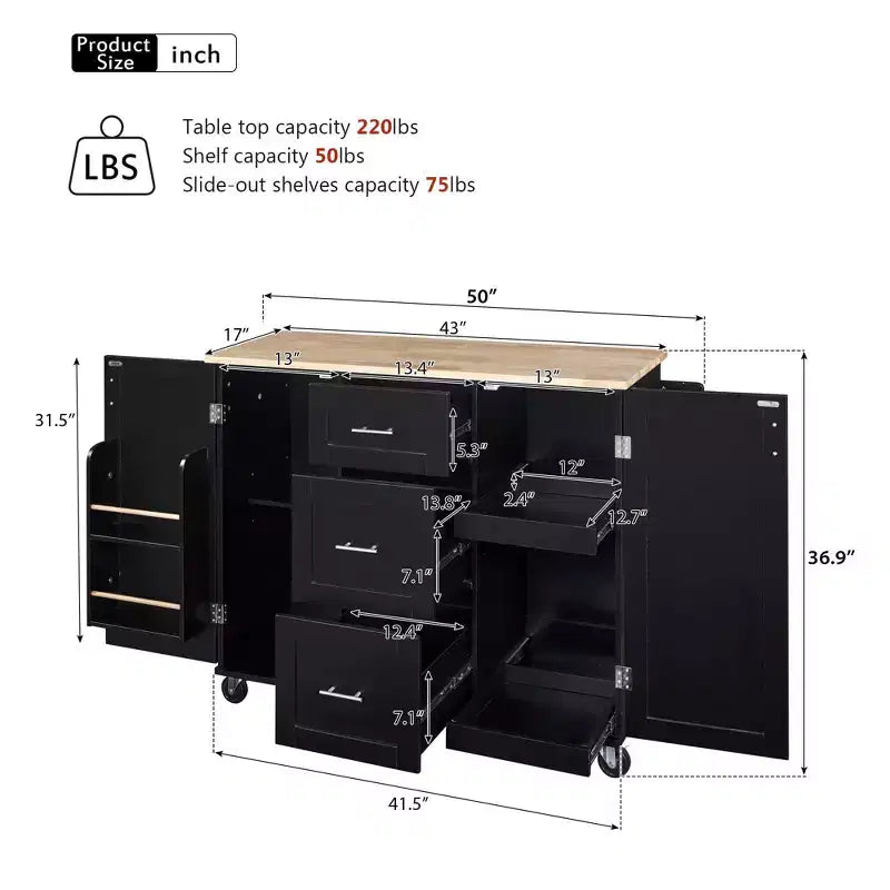 Okak Isola da Cucina con Piano in Legno di Gomma, Isola da Cucina con Ruote e 2 Ripiani Estraibili e Scaffale Interno, Carrello da Cucina con Porta Spezie