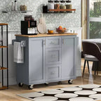 Okak Isola da Cucina con Piano in Legno di Gomma, Isola da Cucina con Ruote e 2 Ripiani Estraibili e Scaffale Interno, Carrello da Cucina con Porta Spezie