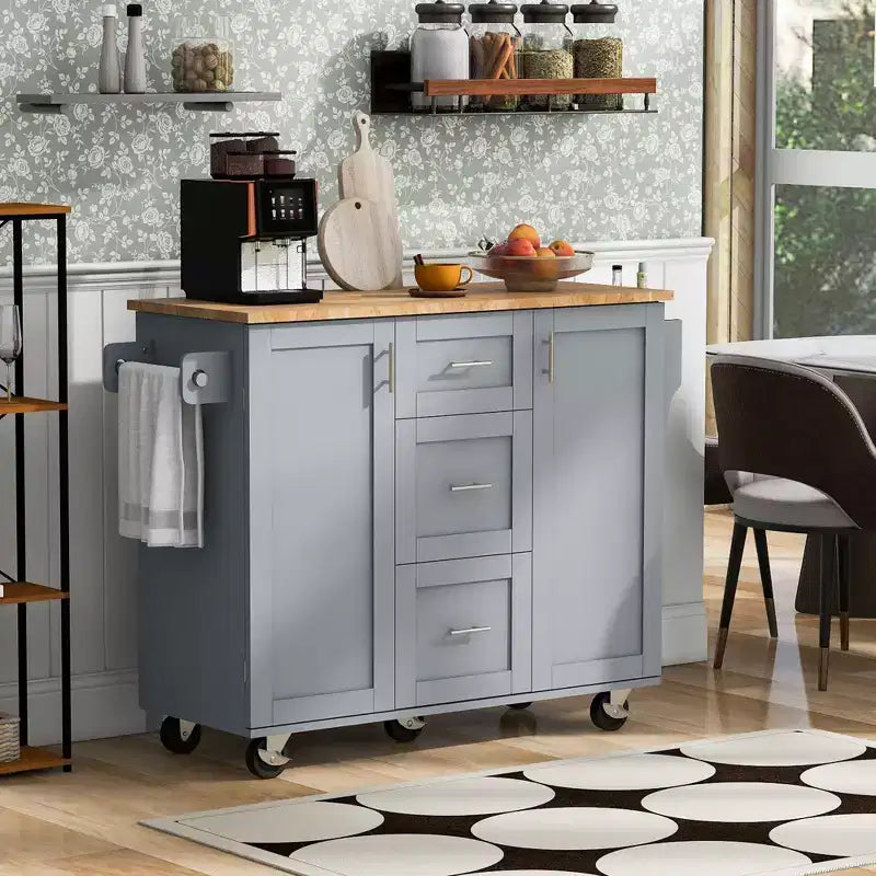 Okak Isola da Cucina con Piano in Legno di Gomma, Isola da Cucina con Ruote e 2 Ripiani Estraibili e Scaffale Interno, Carrello da Cucina con Porta Spezie