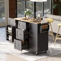 Okak Kitchen Island with Rubber Wood Top, Rolling Kitchen Island with 2 Slide-Out Shelf and Internal Storage Rack, Kitchen Cart with Spice Rack