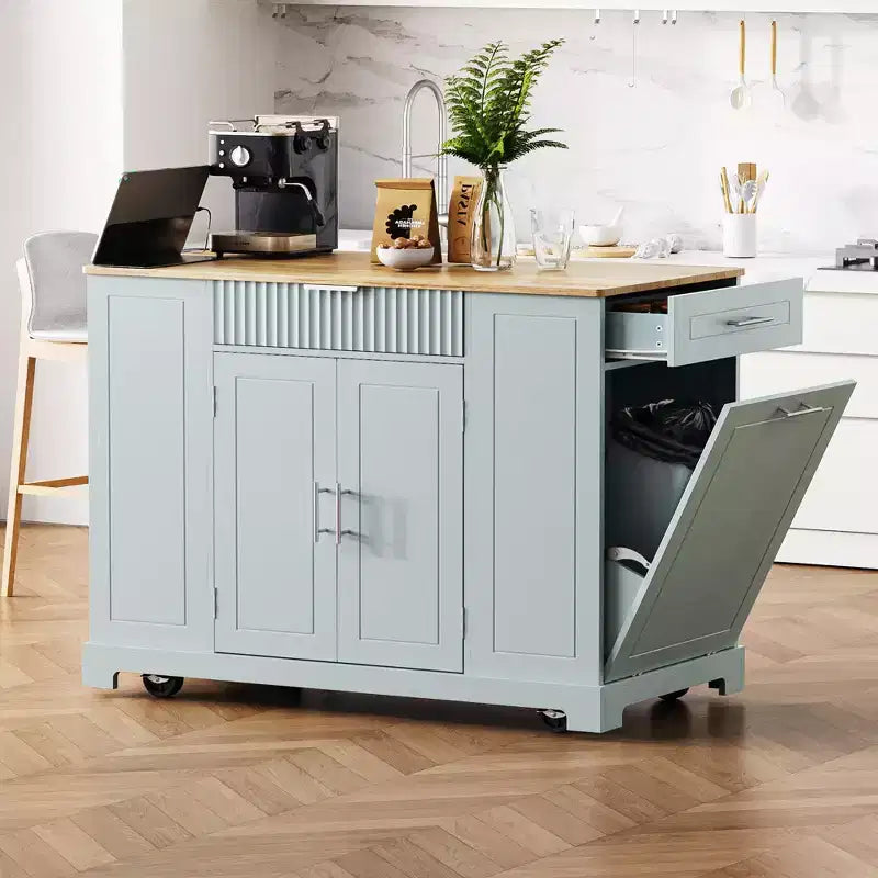 Okak, isola da cucina scanalata con armadietto per la spazzatura, organizer da piano con ripiano interno e presa di corrente, carrello da cucina a 5 ruote