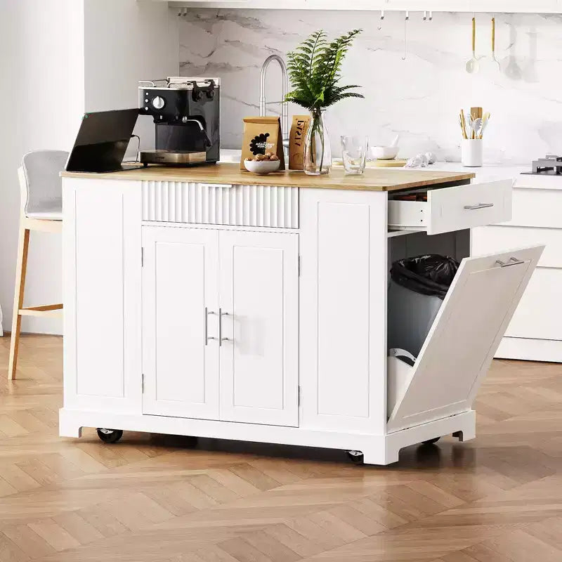 Okak, isola da cucina scanalata con armadietto per la spazzatura, organizer da piano con ripiano interno e presa di corrente, carrello da cucina a 5 ruote