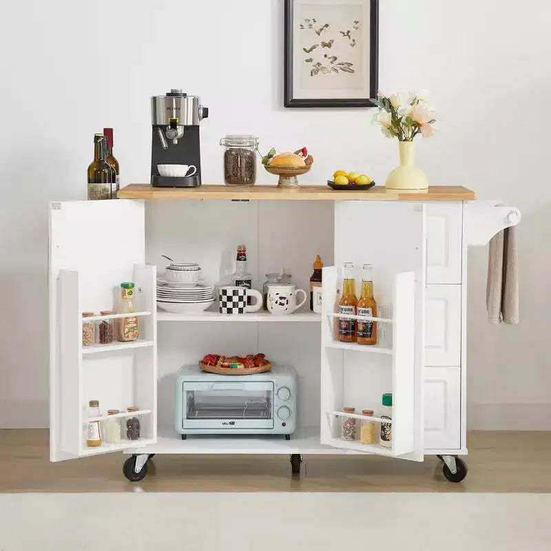 Isola da cucina Okak con tavolo a ribalta, carrello da cucina con 3 cassetti e 1 ripiano, isola da cucina salvaspazio su ruote per sala da pranzo