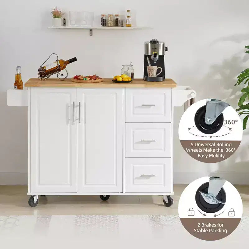 Isola da cucina Okak con tavolo a ribalta, carrello da cucina con 3 cassetti e 1 ripiano, isola da cucina salvaspazio su ruote per sala da pranzo