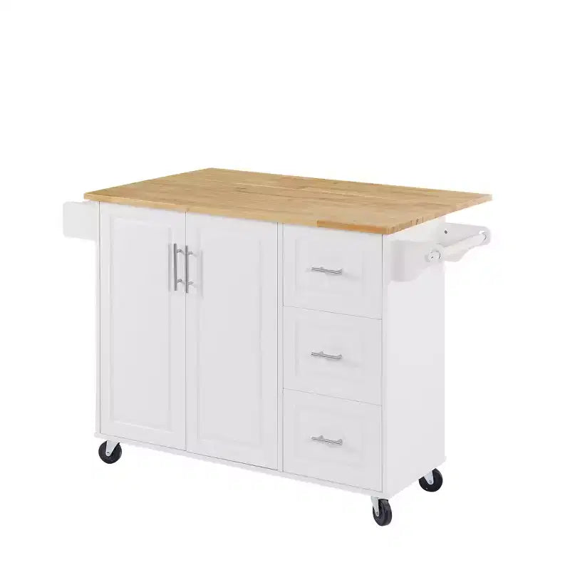 Isola da cucina Okak con tavolo a ribalta, carrello da cucina con 3 cassetti e 1 ripiano, isola da cucina salvaspazio su ruote per sala da pranzo