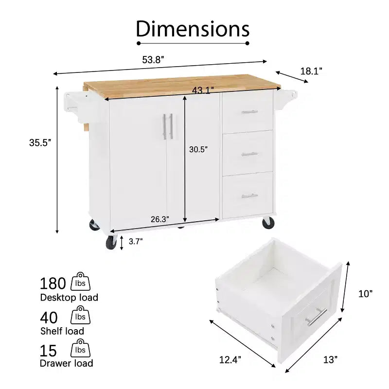 Isola da cucina Okak con tavolo a ribalta, carrello da cucina con 3 cassetti e 1 ripiano, isola da cucina salvaspazio su ruote per sala da pranzo