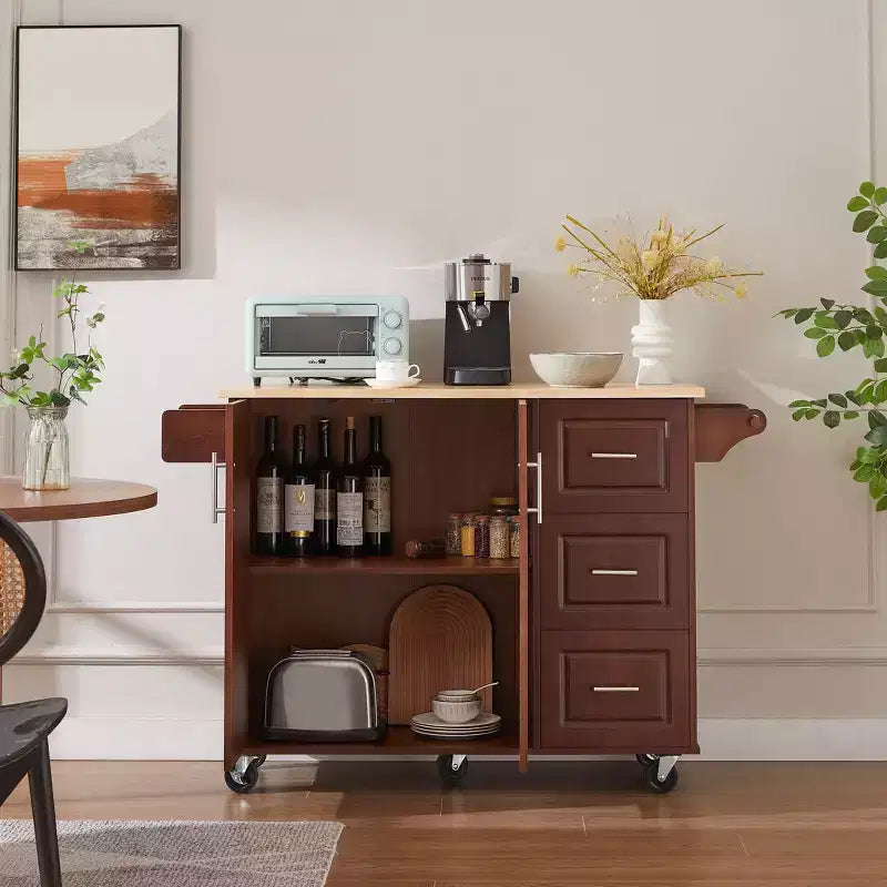Isola da cucina Okak con tavolo a ribalta, carrello da cucina con 3 cassetti e 1 ripiano, isola da cucina salvaspazio su ruote per sala da pranzo