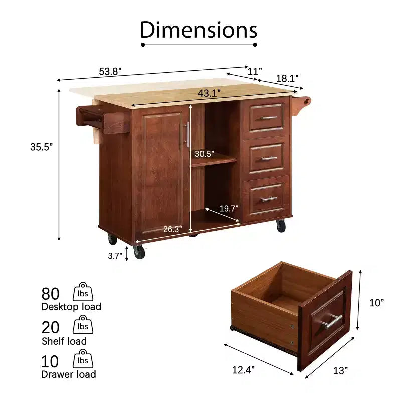 Isola da cucina Okak con tavolo a ribalta, carrello da cucina con 3 cassetti e 1 ripiano, isola da cucina salvaspazio su ruote per sala da pranzo