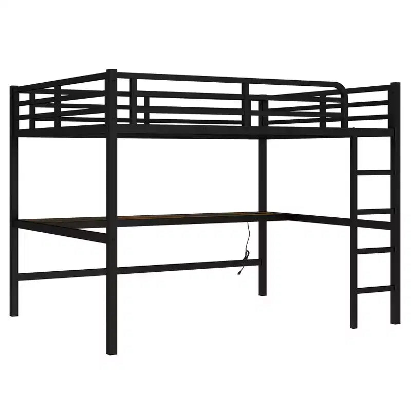 Letto a soppalco matrimoniale Bellemave in metallo con scrivania, porte USB, presa di corrente e luci a LED, design salvaspazio silenzioso, struttura robusta, nero