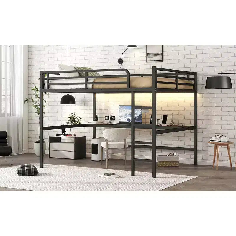 Letto a soppalco matrimoniale Bellemave in metallo con scrivania, porte USB, presa di corrente e luci a LED, design salvaspazio silenzioso, struttura robusta, nero