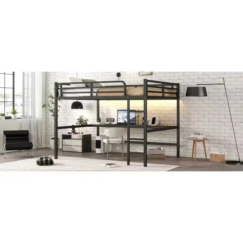 Letto a soppalco matrimoniale Bellemave in metallo con scrivania, porte USB, presa di corrente e luci a LED, design salvaspazio silenzioso, struttura robusta, nero