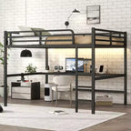 Letto a soppalco matrimoniale Bellemave in metallo con scrivania, porte USB, presa di corrente e luci a LED, design salvaspazio silenzioso, struttura robusta, nero