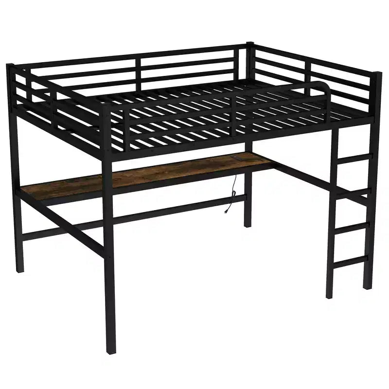 Letto a soppalco matrimoniale Bellemave in metallo con scrivania, porte USB, presa di corrente e luci a LED, design salvaspazio silenzioso, struttura robusta, nero