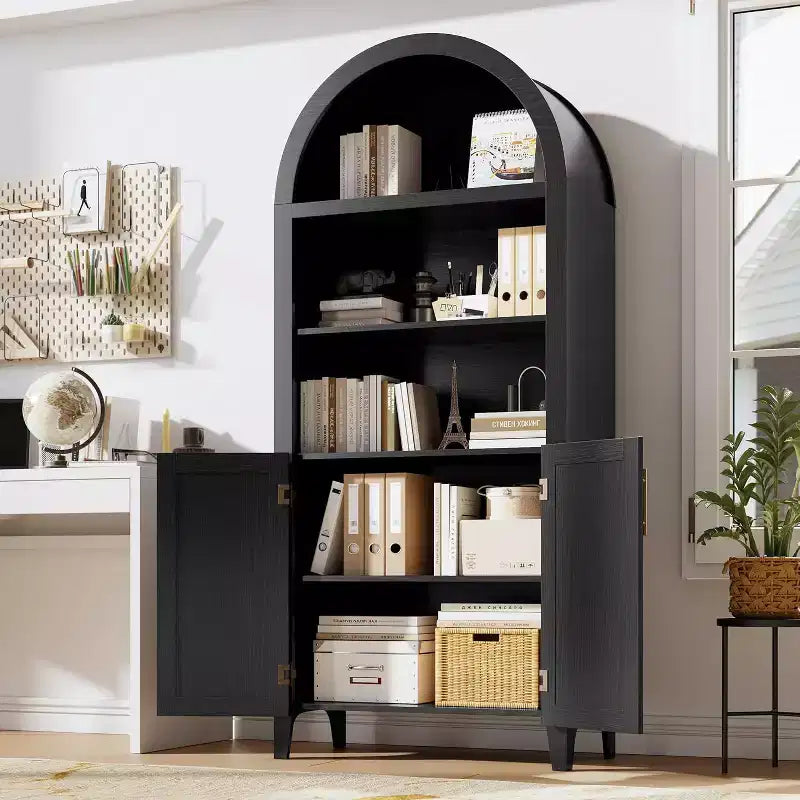 Libreria ad arco a 5 ripiani con ante, Scaffale moderno espositivo e mobiletto contenitore per ufficio, soggiorno o biblioteca