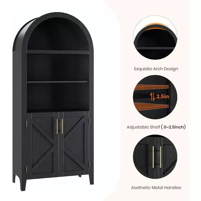 Libreria ad arco a 5 ripiani con ante, Scaffale moderno espositivo e mobiletto contenitore per ufficio, soggiorno o biblioteca