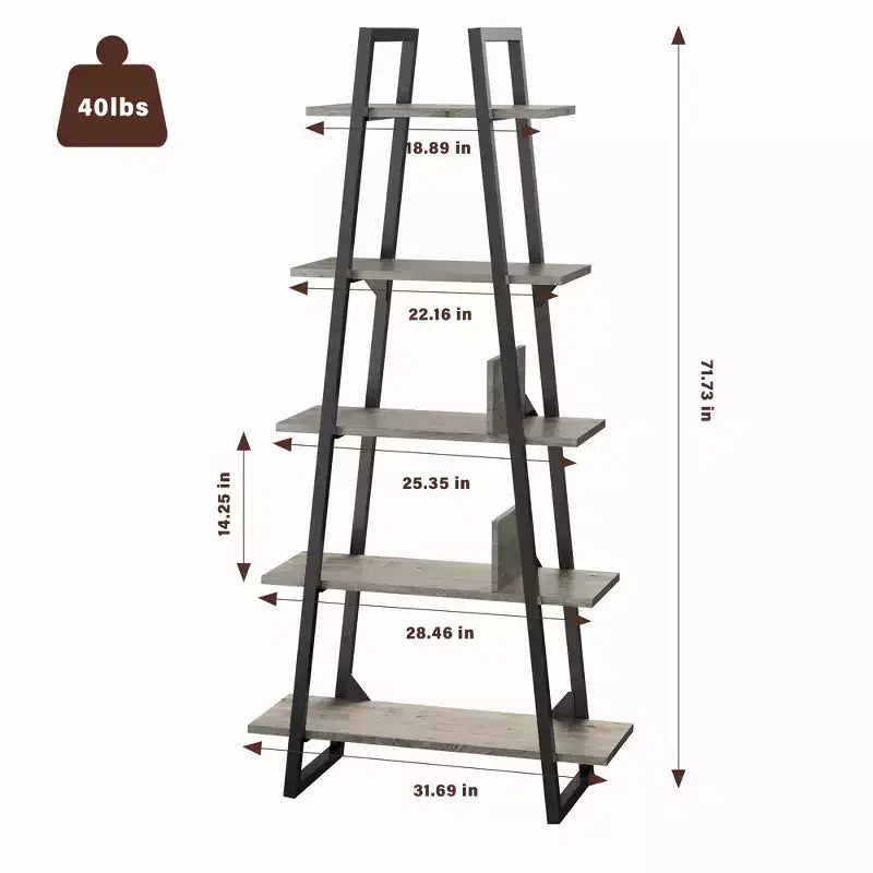 Libreria a 5 ripiani a forma di A, Libreria a scala industriale a forma di A, Scaffali aperti con struttura in metallo, Scaffale porta piante per soggiorno, ufficio