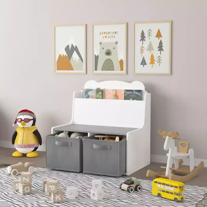 Scaffale Whisen Kids per Libri con Contenitori, Scaffale Espositore per Libri e 2 Contenitori in Tessuto, Schienale a Forma di Orso Carino - Bianco e Grigio