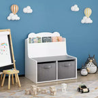 Scaffale Whisen Kids per Libri con Contenitori, Scaffale Espositore per Libri e 2 Contenitori in Tessuto, Schienale a Forma di Orso Carino - Bianco e Grigio