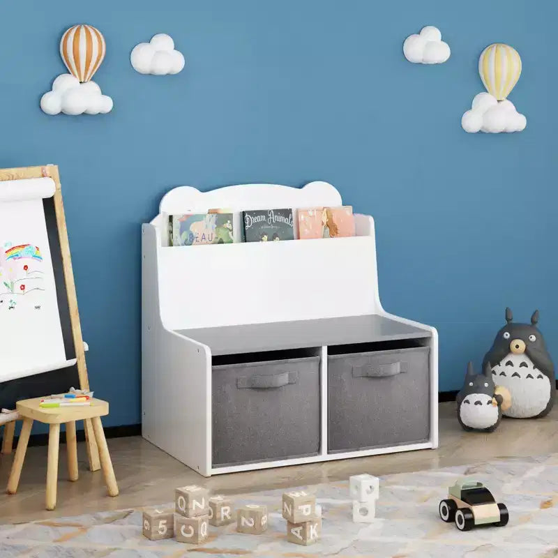 Scaffale Whisen Kids per Libri con Contenitori, Scaffale Espositore per Libri e 2 Contenitori in Tessuto, Schienale a Forma di Orso Carino - Bianco e Grigio