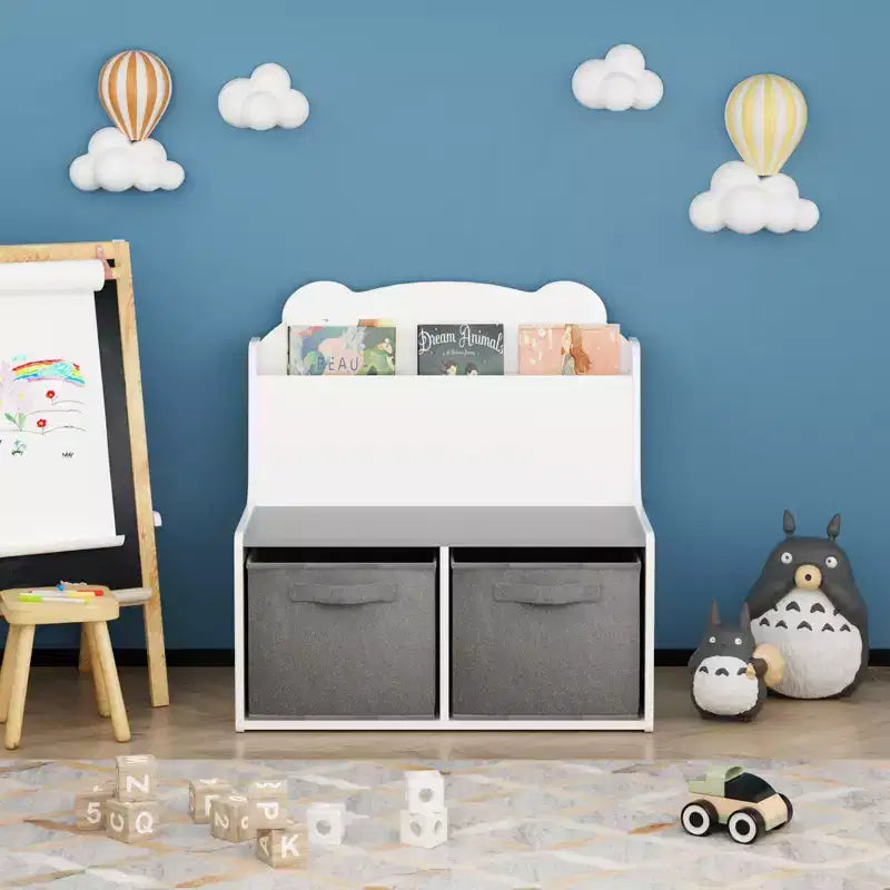 Scaffale Whisen Kids per Libri con Contenitori, Scaffale Espositore per Libri e 2 Contenitori in Tessuto, Schienale a Forma di Orso Carino - Bianco e Grigio