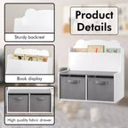 Scaffale Whisen Kids per Libri con Contenitori, Scaffale Espositore per Libri e 2 Contenitori in Tessuto, Schienale a Forma di Orso Carino - Bianco e Grigio