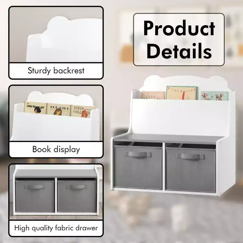 Scaffale Whisen Kids per Libri con Contenitori, Scaffale Espositore per Libri e 2 Contenitori in Tessuto, Schienale a Forma di Orso Carino - Bianco e Grigio