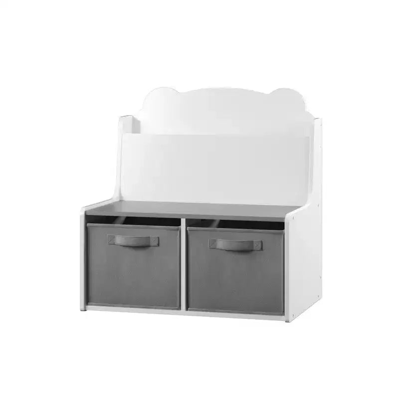 Scaffale Whisen Kids per Libri con Contenitori, Scaffale Espositore per Libri e 2 Contenitori in Tessuto, Schienale a Forma di Orso Carino - Bianco e Grigio