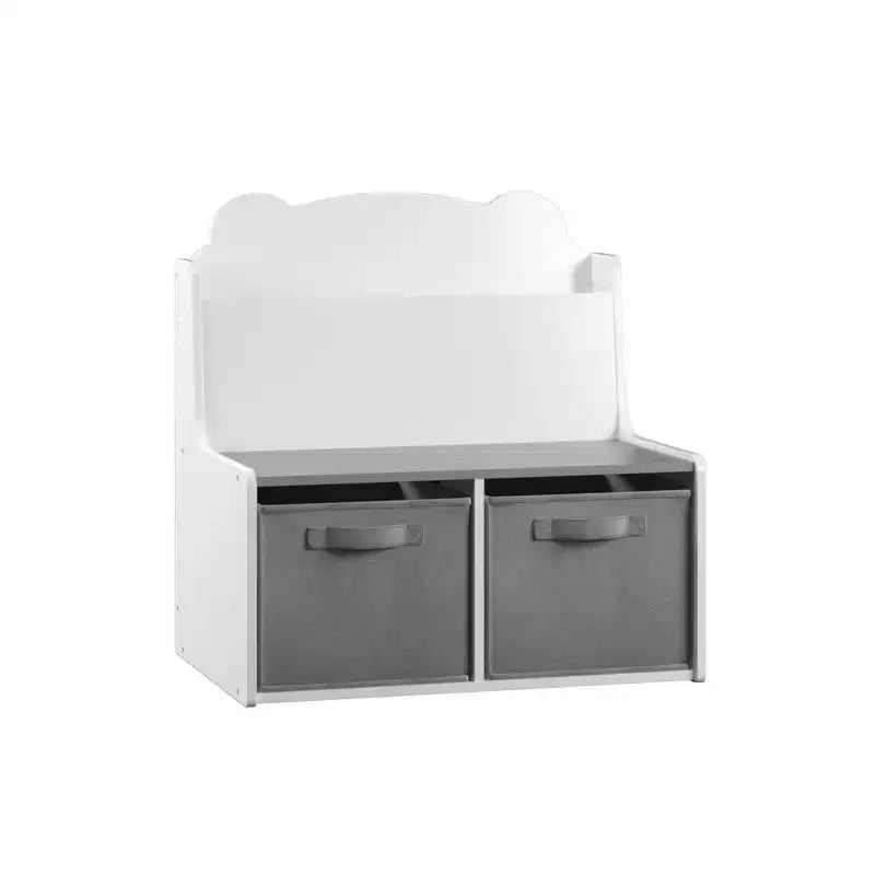 Scaffale Whisen Kids per Libri con Contenitori, Scaffale Espositore per Libri e 2 Contenitori in Tessuto, Schienale a Forma di Orso Carino - Bianco e Grigio