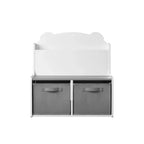 Scaffale Whisen Kids per Libri con Contenitori, Scaffale Espositore per Libri e 2 Contenitori in Tessuto, Schienale a Forma di Orso Carino - Bianco e Grigio