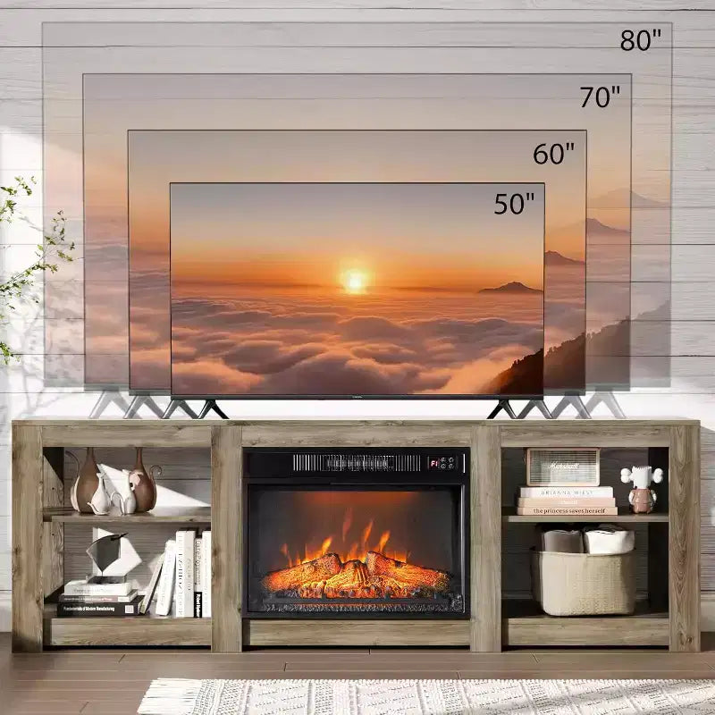 Mobile TV VINGLI per caminetto per TV fino a 80 pollici, mobile TV in stile rustico con caminetto elettrico riscaldante e ripiani regolabili