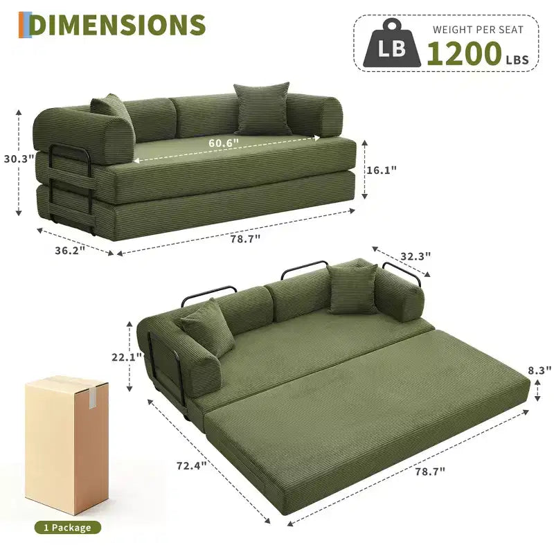 Divano Letto Convertibile 78,7", Divano Letto Pieghevole 4-in-1 in Velluto a Coste con Telaio a Forma Fissa e Cuscino, Divanetto per Soggiorno