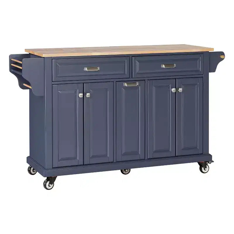 Okak Kitchen Island con Contenitore e Piano in Legno di Gomma, Carrello da Cucina a 5 Ruote con Ampio Spazio di Archiviazione, Organizzatore da Tavolo per Sala da Pranzo