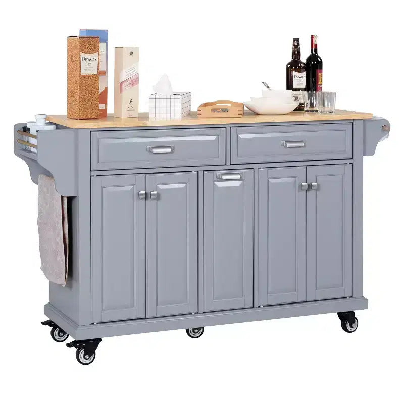Okak Kitchen Island con Contenitore e Piano in Legno di Gomma, Carrello da Cucina a 5 Ruote con Ampio Spazio di Archiviazione, Organizzatore da Tavolo per Sala da Pranzo