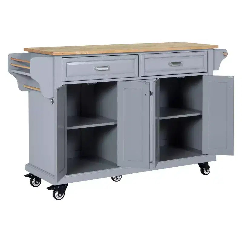 Okak Kitchen Island con Contenitore e Piano in Legno di Gomma, Carrello da Cucina a 5 Ruote con Ampio Spazio di Archiviazione, Organizzatore da Tavolo per Sala da Pranzo
