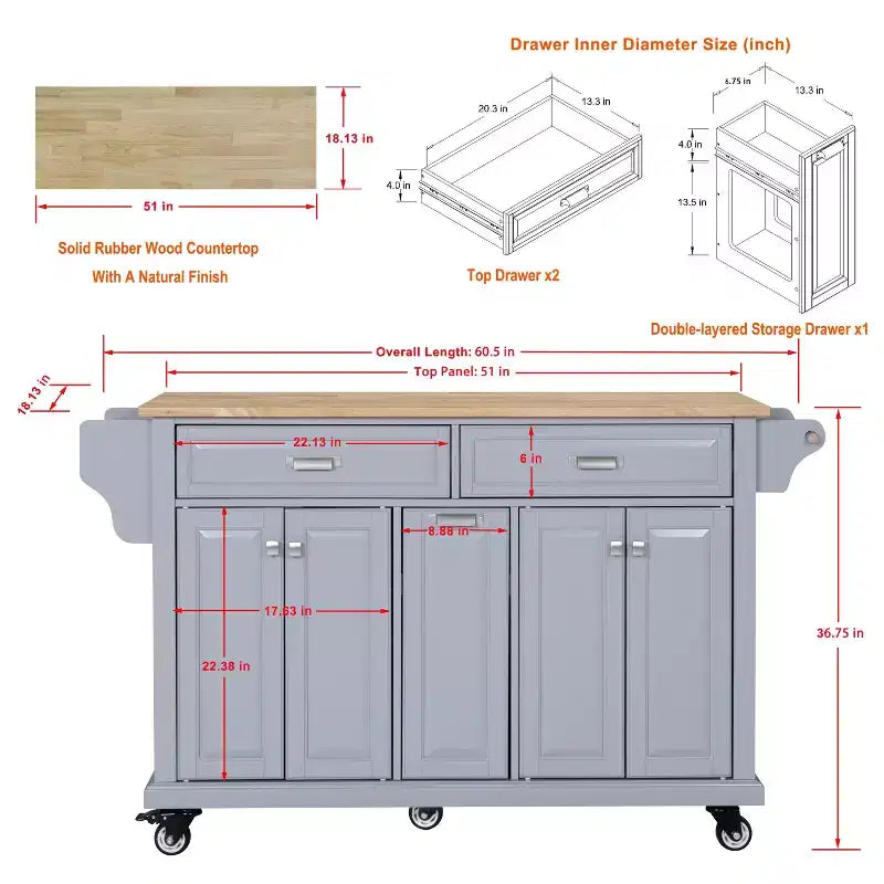 Okak Kitchen Island con Contenitore e Piano in Legno di Gomma, Carrello da Cucina a 5 Ruote con Ampio Spazio di Archiviazione, Organizzatore da Tavolo per Sala da Pranzo