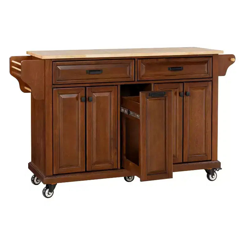 Okak Kitchen Island con Contenitore e Piano in Legno di Gomma, Carrello da Cucina a 5 Ruote con Ampio Spazio di Archiviazione, Organizzatore da Tavolo per Sala da Pranzo