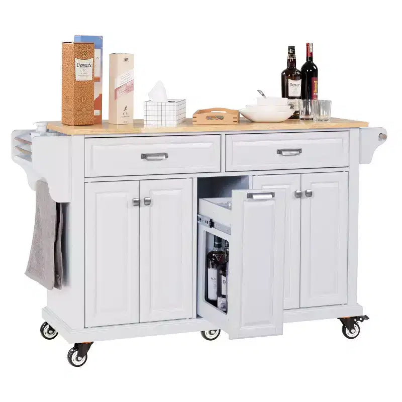 Okak Kitchen Island con Contenitore e Piano in Legno di Gomma, Carrello da Cucina a 5 Ruote con Ampio Spazio di Archiviazione, Organizzatore da Tavolo per Sala da Pranzo