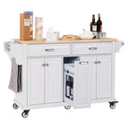 Okak Kitchen Island con Contenitore e Piano in Legno di Gomma, Carrello da Cucina a 5 Ruote con Ampio Spazio di Archiviazione, Organizzatore da Tavolo per Sala da Pranzo