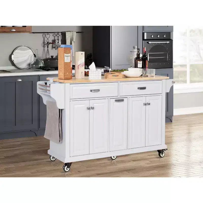 Okak Kitchen Island con Contenitore e Piano in Legno di Gomma, Carrello da Cucina a 5 Ruote con Ampio Spazio di Archiviazione, Organizzatore da Tavolo per Sala da Pranzo