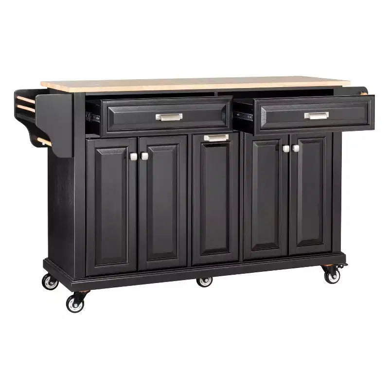 Okak Kitchen Island con Contenitore e Piano in Legno di Gomma, Carrello da Cucina a 5 Ruote con Ampio Spazio di Archiviazione, Organizzatore da Tavolo per Sala da Pranzo