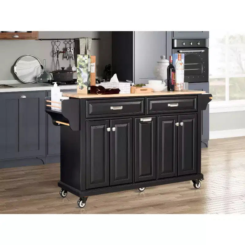 Okak Kitchen Island con Contenitore e Piano in Legno di Gomma, Carrello da Cucina a 5 Ruote con Ampio Spazio di Archiviazione, Organizzatore da Tavolo per Sala da Pranzo